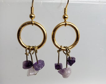 Purple Gemstone dangle earrings, Amethyst Stone Hoop Drop Earrings, Gifts for Her, Amethyst Purple Jewelry, Reclaimed Hoops Dangle Earrings