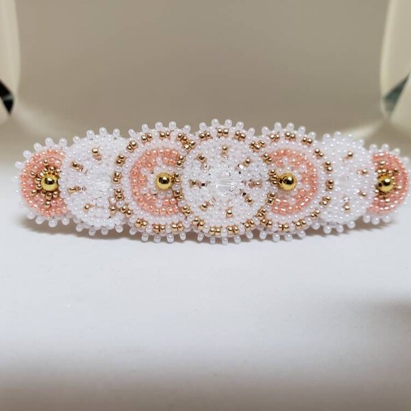 Bridal Peach Hair Barrette Clip, Native Inspired Circle Beaded Rosette, Statement Beadwork, Crystal Clip, Leather Bohemian Wedding Barrette