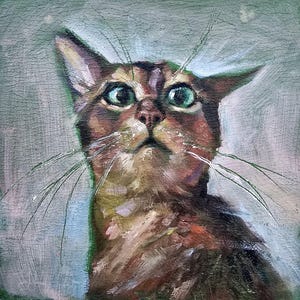 Petite peinture à l'huile de chat - Yeux verts - Art de chat fantaisiste - 10 x 10 cm - Cadeau pour amoureux des chats - Décoration murale chat peinte à la main #10