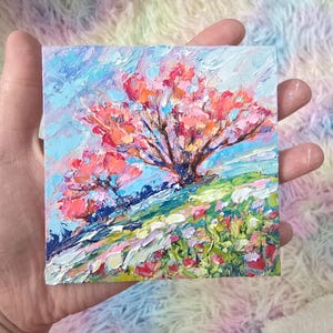 Pintura a óleo original 10×10 cm – Árvore florescendo | Arte inspirada em Sakura | Miniatura sobre painel de madeira | Moldura grátis na Alemanha #25