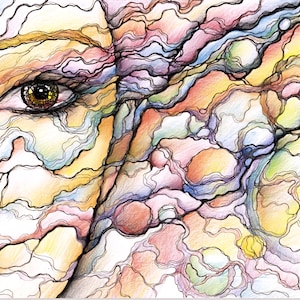 May include: An abstract artwork showing a detailed eye with a brown iris, surrounded by colourful, interconnected lines and shapes. The colour palette includes warm tones like yellow and orange, contrasted with cool blues and purples.