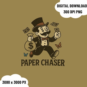 Paper Chaser PNG Retro Cartoon Money Graphic Monopoly Inspired Hustle Design Bold Business Streetwear Urban Grind Entrepreneur
