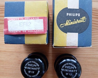 2 válvulas de vacío Philips Miniwatt EF12, emparejadas, nuevas en caja.