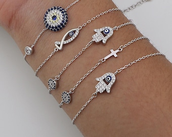 Sterling Silver Evil Eye Bracelet, Hamsa Hand, CZ Charm Bracelet
