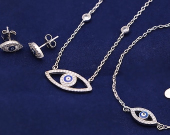 Set di gioielli in argento sterling con occhio di Allah: bracciale, collana e orecchini.