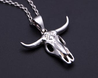 Sterling Silver Bull Skull Pendant – Western Gothic Biker Necklace