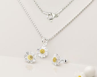 Sterling Silber Daisy Halskette und Ohrringe, zierlicher Blumenschmuck