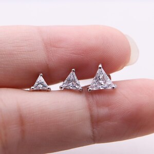 925 Sterling Silver Triangle CZ Stud Earrings –Trillion Cut Crystal Studs for Cartilage &Helix– Dainty Geometric Earrings, Stackable Jewelry