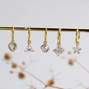 Gold Hoop Earrings with CZ Charms – Heart, Star, Round, Princess, Triangle – 925 Sterling Silver, Dainty & Cute, Sold as Pair