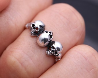 Anillo de calavera de tres cabezas - Estilo motero gótico, plata de ley 925