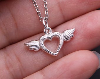 Sterling Silver Winged Heart Pendant, Gothic Angelcore Charm