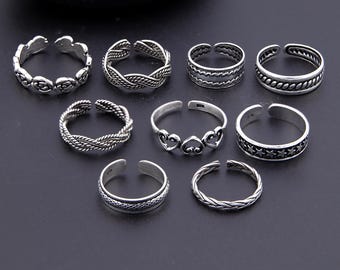 925 Sterling Silver Adjustable Toe Ring Set – Oxidized Boho Vintage Foot Jewelry