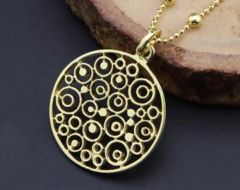 Unique Silver 14k Gold Plated Circle Carved Medallion Pendant With and Without Chain