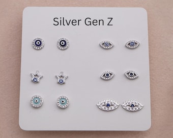Pendientes de plata de ley con forma de ojo turco • Joyería protectora con circonitas