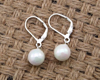 Sterling Silver Pearl Drop Earrings – White or Pink Leverback Dangles –  Minimalist Gift For Her