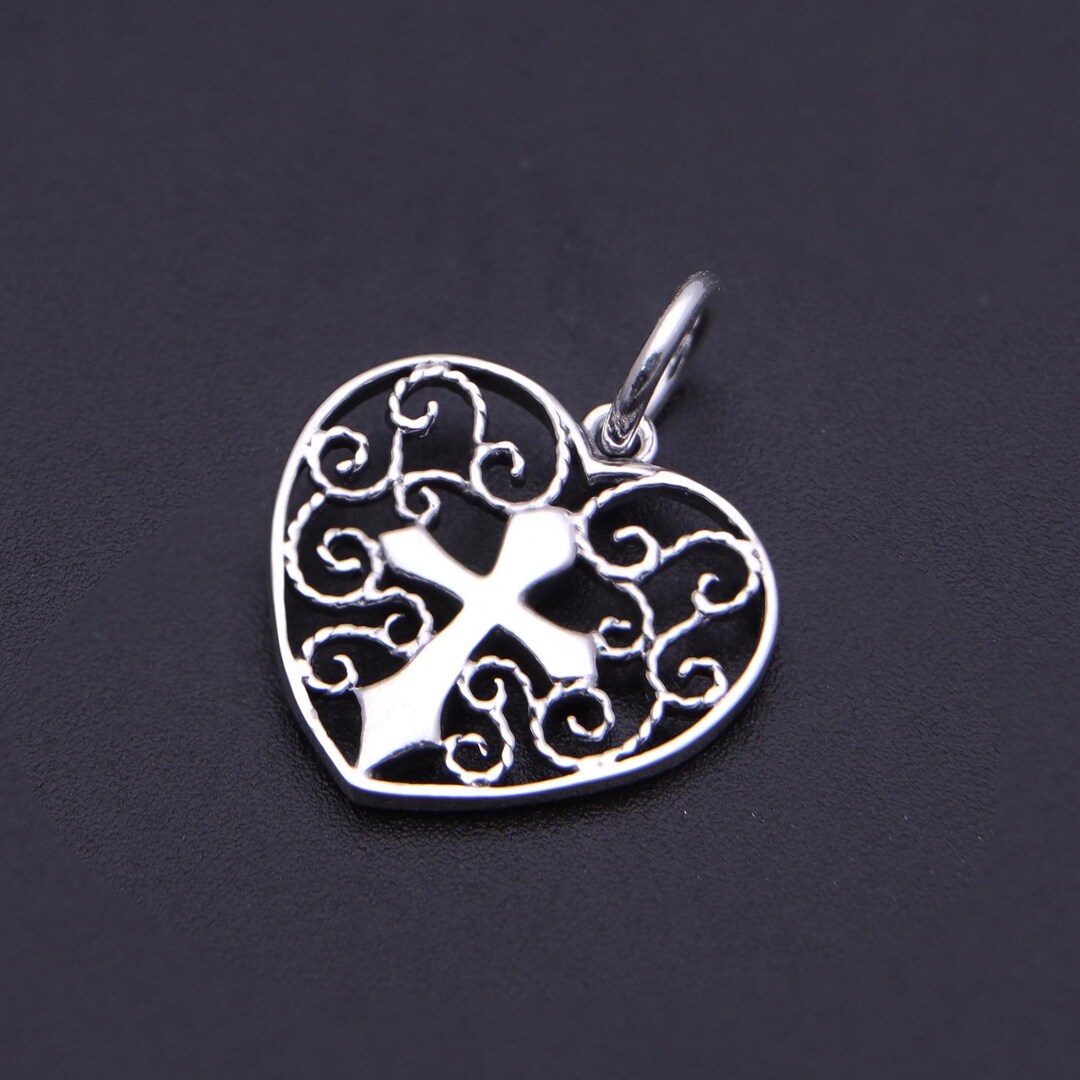 Filigree Pattern Christian 925 Sterling Silver Filigree Heart Cross Pendant – Gothic Christian ...