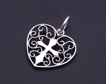 Sterling Silver Filigree Heart Cross Pendant – Gothic Christian Charm