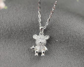 Colgante y collar de osito de peluche de cristal de plata 925, collar para niños, regalo de cumpleaños