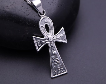 Sterling Silver Ankh Necklace – Egyptian Hieroglyph Pendant, Gothic Jewelry