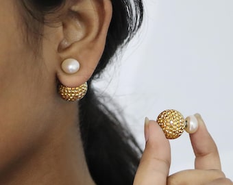 Pendientes reversibles de plata de ley con perlas y bolas de cristal / Joyería llamativa