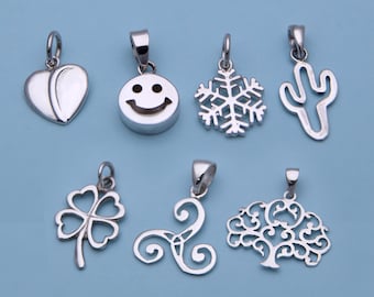 Sterling Silver Charm Pendant – Tree of Life, Clover, Smiley Face