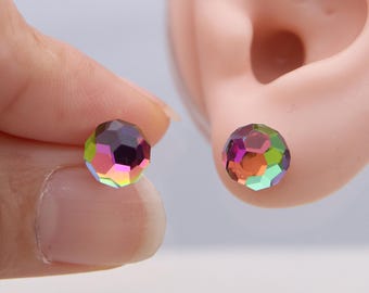 Silver Color Changing Crystal Stud Earrings – Faceted Iridescent Studs – Light Reflective Rainbow Earring, Disco Studs