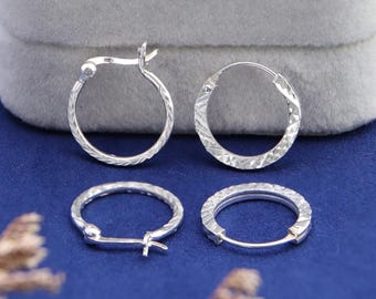 Diamond-Cut Sterling Silver Hoop Earrings | Hand Engraved X Design
