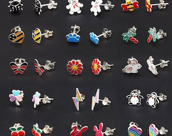 Sterling Silver Enamel Studs | Various Designs Including Flowers and Animals : Hypoallergenic Kids Jewelry