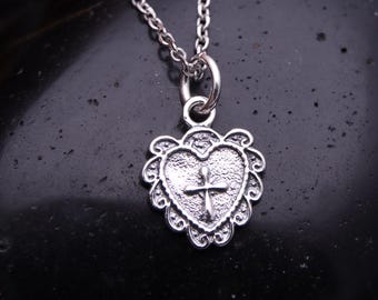 Oxidized Sterling Silver Sacred Heart Cross Pendant – Gothic Religious Charm