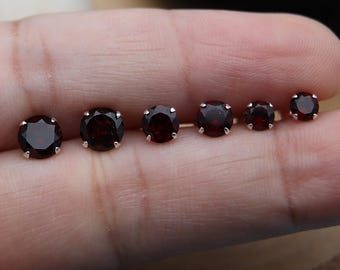 925 Sterling Silver Garnet Stud Earrings – January Birthstone, Round Cut Red Gemstone (Multiple Sizes)