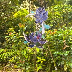 Stained Glass Lotus Suncatcher | Moon Lotus Window Hanging | Purple Flower Boho Decor | Crystal Drop Sun Catcher for Garden, Window or Gift