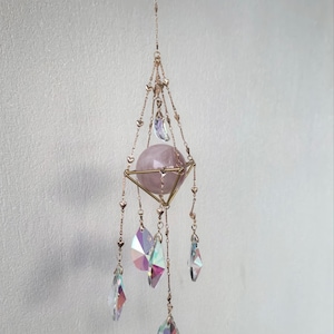 Crystal Moon Suncatcher – Rose Quartz Prism Sun Catcher, Boho Window Hanging, Rainbow Maker, Spiritual Decor, Meditation Gif