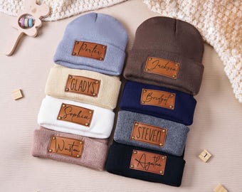 Custom baby beanies,Unisex Baby Beanie Hat,Leather Name Patch Beanie,Newborn Infant Toddler Kids Youth Child,Infant Beanie with Name