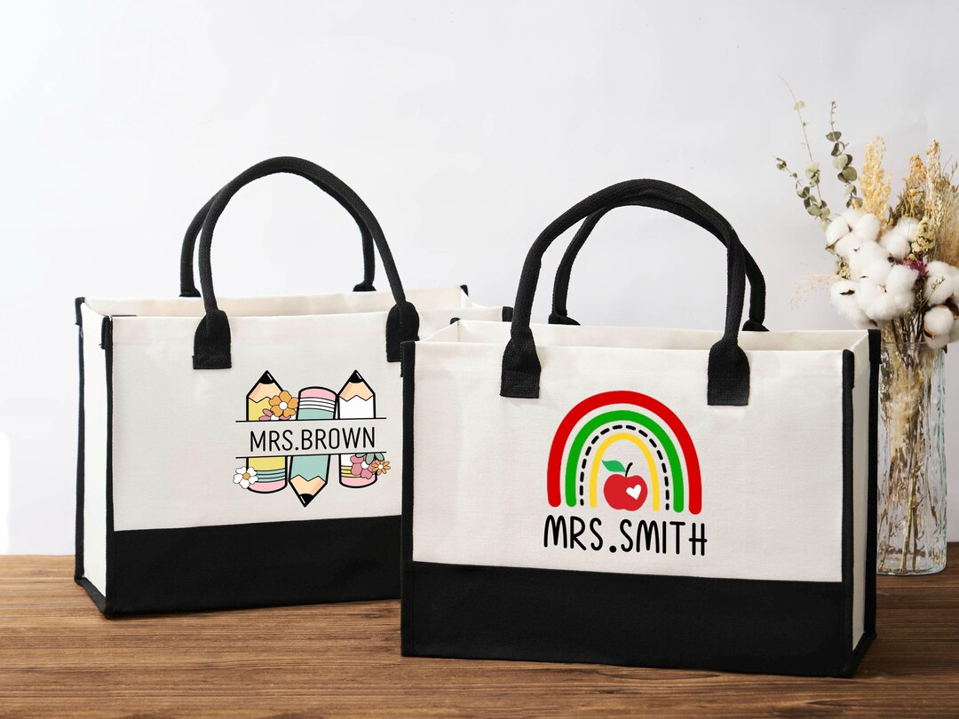 Personalized Teacher Canvas Tote Bag, Custom Name School Bag, Back-to ...