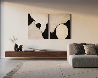 Large Black and White Abstract Textured Oil Painting, Minimalist Diptych Wall Art Set of 2, Heavy Impasto Canvas Art, Modern home