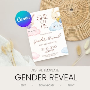 Tarjeta de revelación de género / Rosa o azul / Tarjeta de invitación digital / Imprimible / Diseño minimalista / Plantilla Canva / Tarjeta editable / Invitación a fiesta