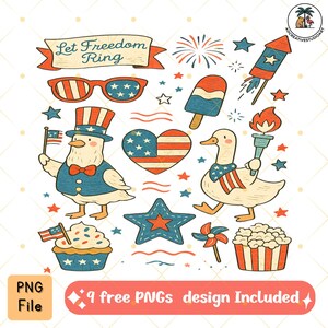 4th of July Goose Clipart Set, Cute Patriotic Goose and Accessories, Independence Day PNG, Red White Blue Elements, Bonus 9 PNGs Included