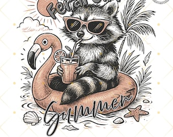Guaxinim engraçado em flamingo flutuando PNG: clipart de verão de garota selvagem (download digital)