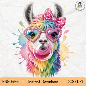 Cute Llama Bubblegum PNG – Rainbow Llama with Sunglasses & Bow, Pastel Animal Clipart for Sublimation, Funny Llama Shirt Design