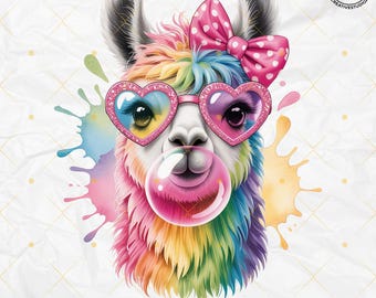 May include: A colorful llama illustration with rainbow fur, wearing heart-shaped sunglasses and a pink polka-dot bow. The llama is blowing a bubblegum bubble. The image includes the text "PNG Files | Instant Download | 300 DPI".