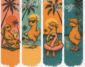 Retro Highland Cow Summer PNG: Beach Vibes Clipart (Digital Download