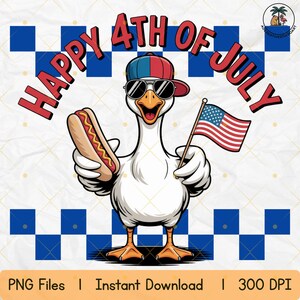 Funny 4th of July Duck PNG, Cool Goose Holding Hotdog & Flag, Independence Day Sublimation, USA Clipart for T-Shirts and Crafts