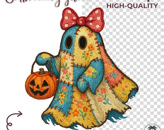 Embroidery Ghost PNG, Vintage Patchwork Ghost Clipart with Pumpkin, Halloween Shirt Design