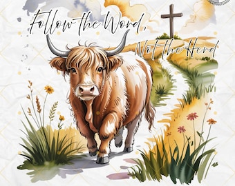 Christian Highland Cow PNG: T-shirtontwerp Faith Bible Verse (digitale download)