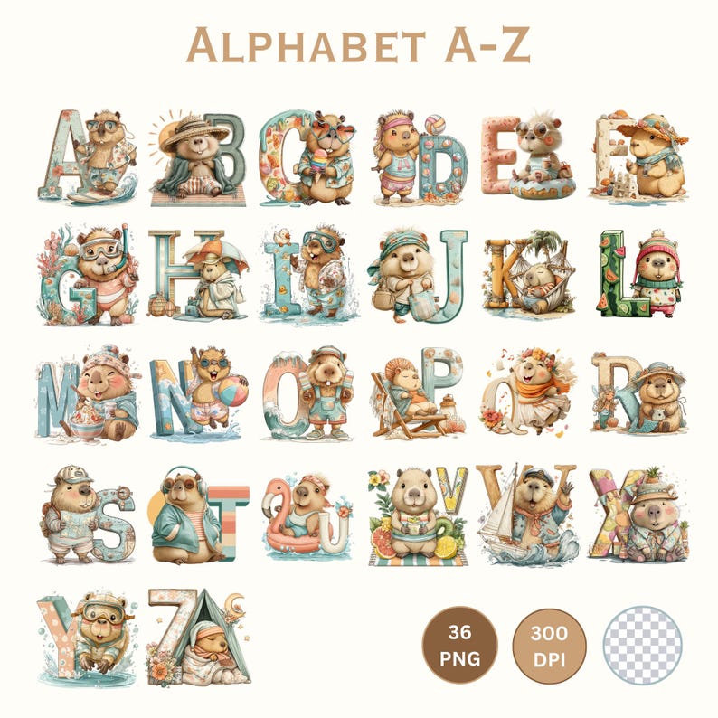 Capybara Lettering Capybara Alphabet Clipart Bundle,pastel Summer A–Z and 0–9 Chibi Animal ...