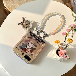 Bracelet en perles avec chaîne et étui pour téléphone, charnière en cuir, housse de protection pour Samsung Galaxy Z Flip 5 6 ZFlip5