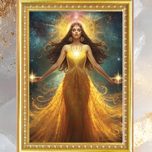 May include: A framed digital art print featuring a woman in a golden gown with outstretched arms. The artwork has a celestial theme, with a halo and a starry background. The frame is gold, and the overall aesthetic is ethereal and spiritual.