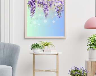 May include: A framed art print featuring a watercolor painting of cascading purple wisteria flowers. The background transitions from a light green to a soft blue, with subtle gold accents. The artwork is displayed in a room with a light blue armchair and a small side table.