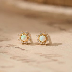 Vintage Sterling Silver Opal Stud, Dainty Diamond Sunflower Earrings, Minimal Gold Cartilage Earring for Women, Gift for Her, Christmas Gift