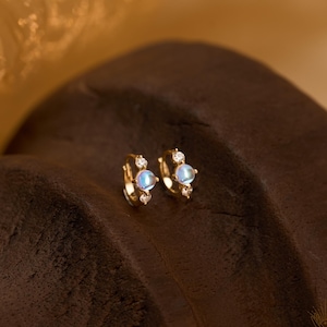 Dainty Diamond Moonstone Earrings, Gold Plated Hoop Earrings, Minimalist Diamond Huggies, Birthstone Women Earring, Anniversary Gift for Her